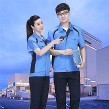 夏季細節拼接撞色滌棉細紋短袖工作服FY635